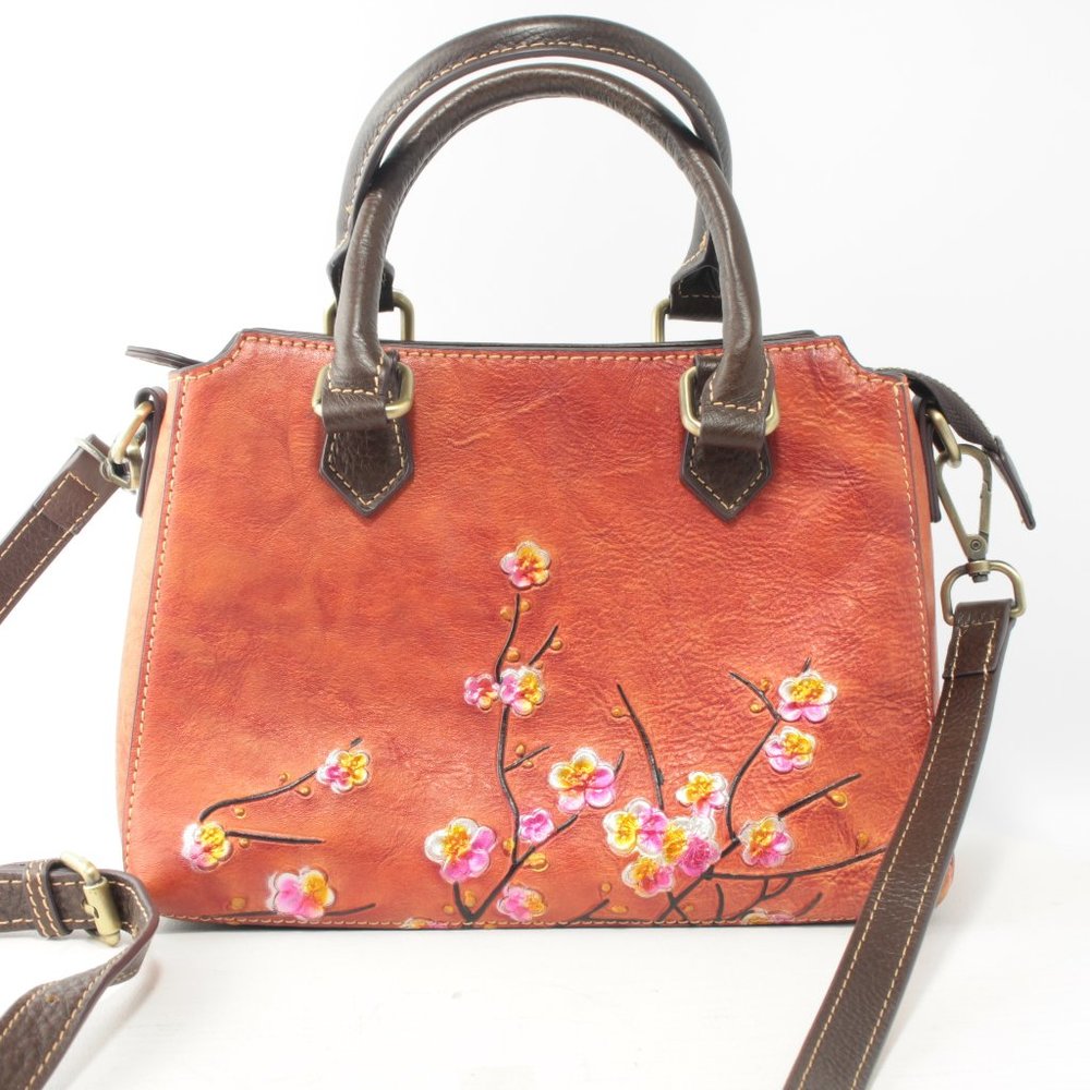 Ladies Japanese Sakura Blossom Deep Orange and Brown Hand-Bag Shoulder Purse